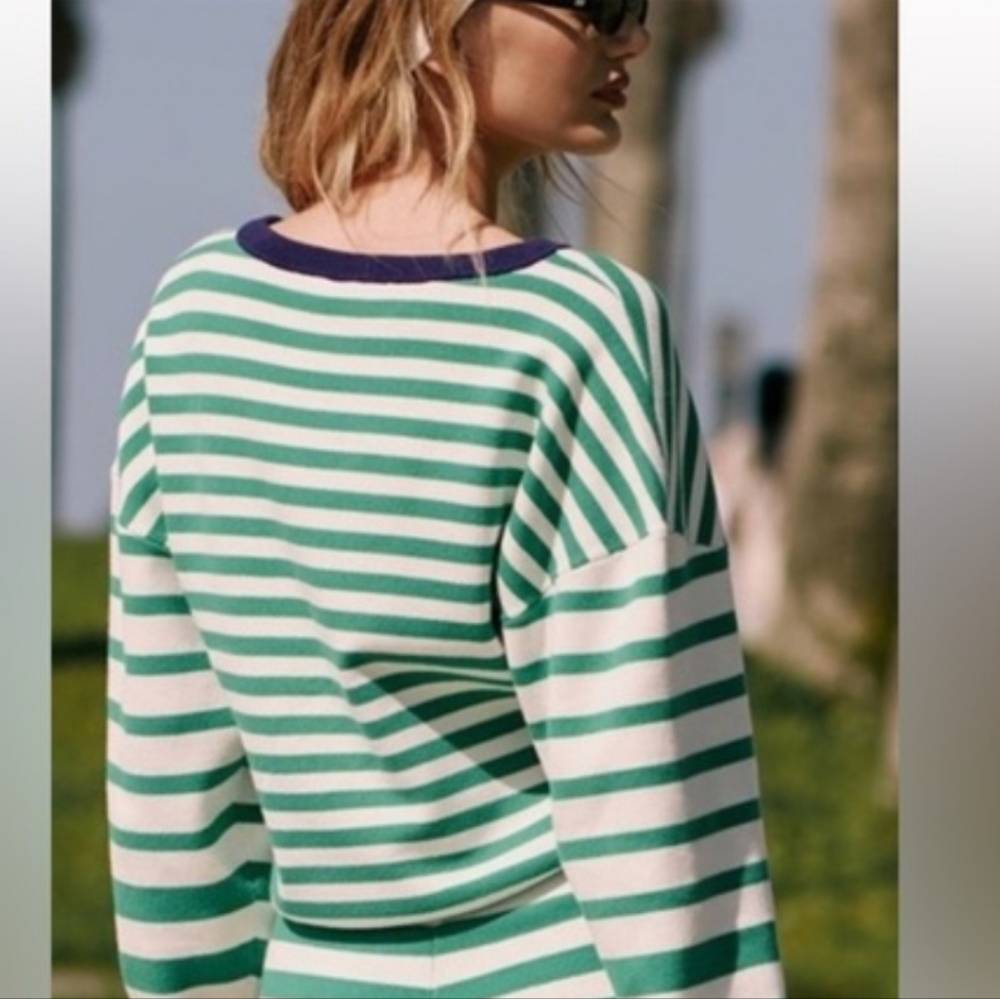 Daily Practice Anthropologie Striped Boxy Crop Sweater Green White Size Large - Picture 3 of 11